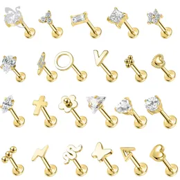 ZS 1PC Gold Color Stainless Steel Lip Stud Crystal Monroe Labret Piercing Cross Heart Snake Star Butterfly Cartilage Earring 240523