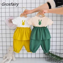 Одежда наборы Grosfairy маленькие девочки летнее футболка платье с твердыми брюками.