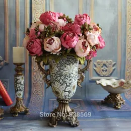 Hight Quality Seda Europeia Floral 1 Flores Artificiais de Bouquet caem vívidas rosa peony falsa folhas casamentos em casa decoração