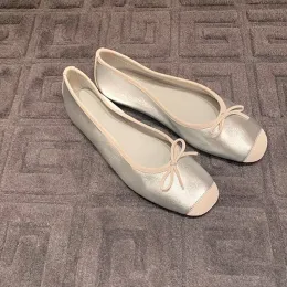 2023 Sweet Bowtie Shoes Woman Silk&Leather Patchwork Ballerinas Ladies Square Pig Nose Toe Mocasines Femmes Silver Flats Ballets