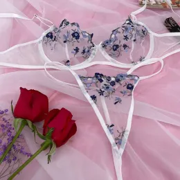 Conjunto de sutiã sexy Bordado Floral Bralette Mesh Mesh Transparente Porno Bralette Encaje Mujer G String Bielizna Erotyczna Sujetador