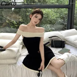 Casual Dresses Panelled Slash Neck Women Knitting Tender French Style A-line Temperament Mini Backless Sweet Summer Fashion Chic