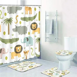 Duş perdeleri 4 adet perde seti sevimli Hippo Timsah Aslan Fil Zürafa Çocukça Renkli Halılar Tuvalet Kapak ve Banyo Mat