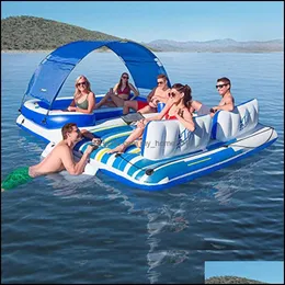Luftinflationsleksak Stor uppblåsbar 6 -personers sjö Pool River Tropical Breeze Party Island Float Boat Swimming Floats Bed With Sun Canop OTF03
