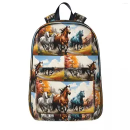 バックパックブラウン馬の群れを走る動物愛好家のユーモアバックパック学生本バッグショルダーラップトップリュックサックスクール
