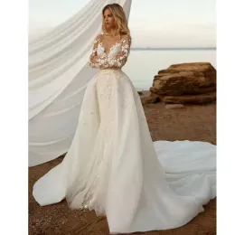 Darla Luxury 3D Floral Mermaid Wedding Dresses 2023長袖スクープネックレースアップリケブライダルガウンde Noviaカスタム