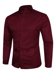 Camisas de vestido masculinas camisa comercial vinho vermelho cor sólida de cor básica de poliéster de manga longa formal