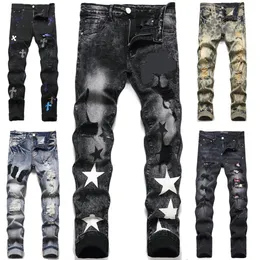 Дизайнерские джинсы Мужские джинсы со звездами джинсы для мужчин Регулярно подходящие карандашные брюки Вышивая буква Печать на молнию