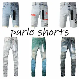 lila jeans shorts designer mens lila märke sommarhål high street tvättade gamla tår jeans storlek 29-40fnva#