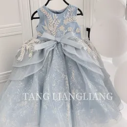 2024 Mint Kristalle Blumenmädchen Kleider Neues Ballkleid Tüll Perlen Blume Blume kleines Mädchen Pegeant Geburtstag Taufkleider Kleiderkleider Kinder Festzugskleider Kommunionkleider