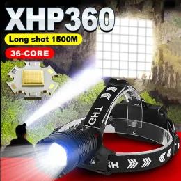XHP360 LED -strålkastare 5000000LM 36Core Zoomable strålkastare Typec uppladdningsbar 18650 Huvudflicklampan 800 m lång räckvidd fiske lyktan