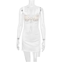 Temel gündelik elbiseler zarif klas saten mini kadın konuk kokteyl parti kıyafetleri göğüs dantel yastıklı bir çizgi beyaz elbise damla teslimat bir dh04r