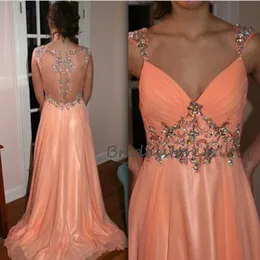 Peach Beaed Crystal Evening Dresses Sexy V Neck Wortless Chiffon Long Formal Prom Dresses 2020 Abito di laurea Special Occasionali festa 257A