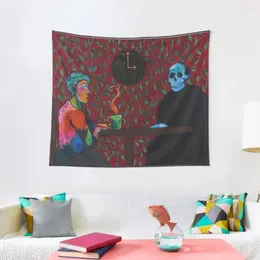 Tapisserier Late Night Tea With Death Tapestry Wall Mural Room Decorations Eesthetics Hanging Eesthetic Decor