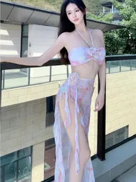 Kvinnors badkläder sexig bikini sommarstrand hängande hals tre stycken hög midja tryckt 2024 mode senaste modeller separerar