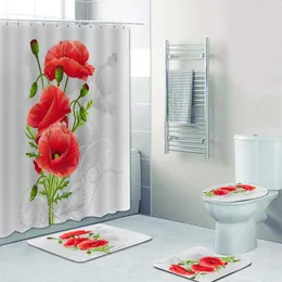 Tende da doccia 3d mazzo grigio grigio di papaveri rossi fiori da bagno set da bagno set artistico tappeti da bagno ritratti tappeti per la vigilia