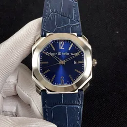 Billiga nya 41mm Octo Steel Case Datum 102429 BGO38C3SLD BLÅ DIAL Automatisk herrklocka Blue Leather Strap Högkvalitativa klockor Hello Watc 330G