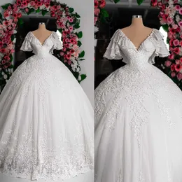 Arabic Vintage Ball Gown Wedding Dresses Lace Appliqued Short Sleeve Bridal Gowns for Wedding Ceremony Plus Size vestido de novia