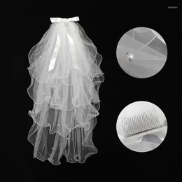 Brudslöjor 4 Tier Layed Womens Wedding Veil Imitation Pearl Handmade pärlstav Ribbon Bowknot Decor wavy trim med kam