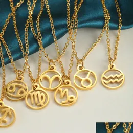 Pendant Necklaces Fashion Zodiac Jewelry Stainless Steel Horoscope Necklace Custom 18K Gold Plated Minimalist Astrology Symbol For W Dhy5X