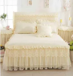 Gonna da letto a letto in pizzo principessa beige 3pcsset rouffles tela da letto in cotone cuscino di cotone casa decorativo twinqueenking size3435091