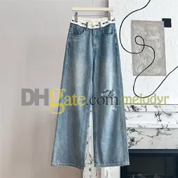 Blaue Denimhose Frauen Jeans Brief Gurtband gerade Beinhosen Designer Langes Jeans Cooles Mädchen Loch Jean Hosen Streetwear