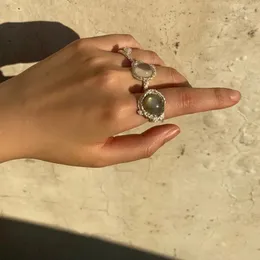 Rings de cluster corea lava metal dourado cor de prata moda opala cristal branco banhado anel aberto para mulheres joias de presente de festa