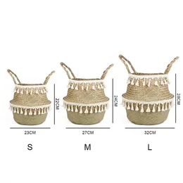 بوهو ديكور خوص سلال التخزين يدوية السلة الراتان منسوجة وعاء قابلة للطي مع مقبض مصنع Cestos Mimbre Panier Rangement Osier