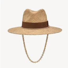 حزام سلسلة القش فيدورا قبعات شاطئ مزينة مع سلسلة للنساء القش المنسوجة شمس القبعات الصيفية Holidaty Panama قبعة