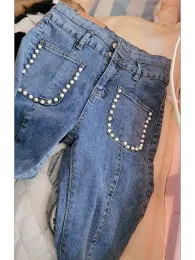 Hoge Taille Denim Bell Bottom uitlopende dżinsy Vrouwen Mode Koreaanse Mode Parel Pocket Broek Chłopak dżinsy Voor Dames Vintage Jeans