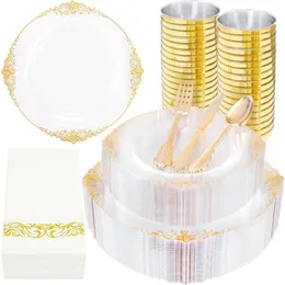 350pcs clear Gold Gold Disposable Dinnerware Conjuntos 100 Placas descartáveis de ouro 150 TRATHARELES DE PLÁSTICO DOURO GOLD 50 xícaras e guardanapos 240522