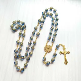 Pendant Necklaces Cottvott Rhinestone Saint Benedict Medal Rose Necklace Religious Blue Rose Prayer Bead Chain Cross Pendant Jewelry S2452599 S2452466