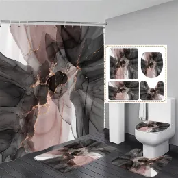 Abstract Marble Shower Curtain Set Gold Lines Black Grey Pattern Modern Luxury Home Bathroom Decor Non-slip Rug Toilet Lid Cover