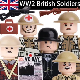 WW2 British Soldiers Figures Churchill Army Medical Corps Infantry Building Blocks War Scene Weapons Helmet Bricks Toys Boys