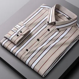 Mens business striped elastic slim fashionable casual comfortable handsome long-sleeved shirt classic basic formal wear 240516