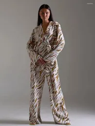 Домашняя одежда Marthaqiqi Печана женщина-пижамский костюм поворотный воротник шнурок с пижамой с длинным рукавом ночной брюки повседневная ночная одежда