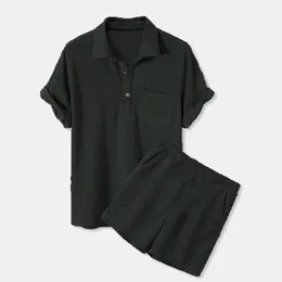 Männer Cord -Anzüge für feste Kurzschläfe Revers -Polo -Hemd Shorts zweiteilige Sets Modeboween Herren lässige Outfits 240518