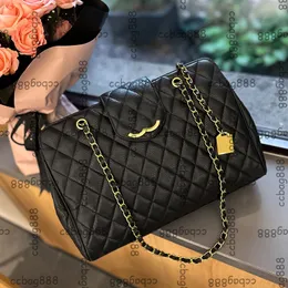 Kvinnors vintage designer kalvskinn läder svart jumbo quiltade tygväskor klassisk enkel klaffväska guldmetall hårdvara matelasse kedja axel handväskor 37 cm