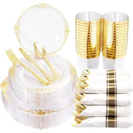 350pcs Clear Gold Gold Disposable Dinnerware Conjuntos inclui pratos de jantar Placas de sobremesa Copas de guardanapo de guardanapo 240522