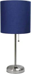 Lampade da tavolo 19,5 "Base di uscita di potenza da letto contemporanea standard da scrivania in metallo in acciaio spazzolato con tessuto blu blu navy ombreggia