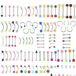 Nose Rings Studs Navel Bell Button Wholesale Promotion 110Pcs Mixed Models/Colors Body Jewelry Set Resin Eyebrow Belly Lip Tongue Pi D Otfud