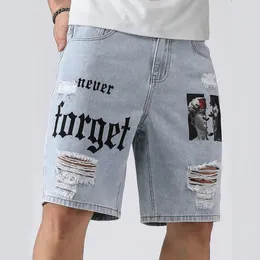 Män sommarstråviga denimshorts jeans för män streetwear brev rippad knä längd baggy komfort last casual shorts byxor jean 240516