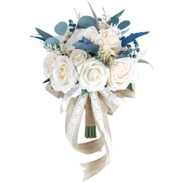 Dusty Blue Bride Bouquet, Boutonniere,Wrist Corsage,Waterfall Wedding Flower Bridesmaid Bouquet Wedding Ceremony Anniversary