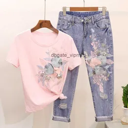 Spring Summer Women Set Fashion Haftery cekiny 3D kwiat T-shirt dżins