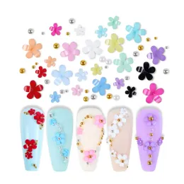 200pcs Mixed Size Flower Nail Art Rhinestones Colorful Acrylic Flower 3D Nail Charms Gold Silver Beads Nails Accessories Supply
