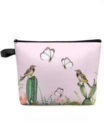 Bolsas de cosméticos Butterfly Bird Cactus Flor Spring Saco de viagem personalizada Bolsa de maquiagem portátil Caixa de lápis à prova d'água feminina