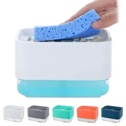 Liquid Soap Dispenser Pump Box Kitchen Dish Tryck med svamphållare Hemrensare Container Automatic