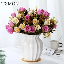 장식용 꽃 txmon 유럽 스타일 시뮬레이션 장미 실크 가짜 꽃 홈 거실 엘 웨딩 장식 꽃다발 작은 무리