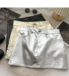 Kjolar mini läder för kvinnor Falda koreansk mode vintage streetwear party klubb natt sexig super kort metall pu