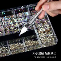 NEW 2500pcs Luxury Shiny Diamond Nail Art Rhinestones Crystal Decorations Set AB Glass 1pcs Pick Up Pen In Grids Box 21 Shape